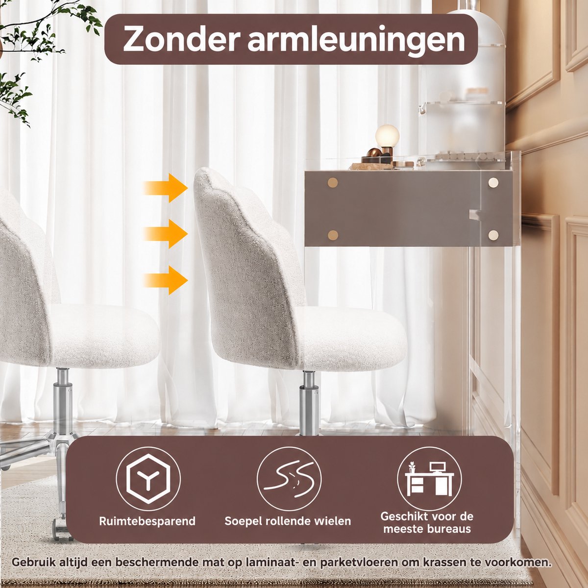 Bureaustoel - Make-up Stoel - Kaptafelstoel - Verstelbaar in Hoogte - Teddy Stof - Wit – foto 3
