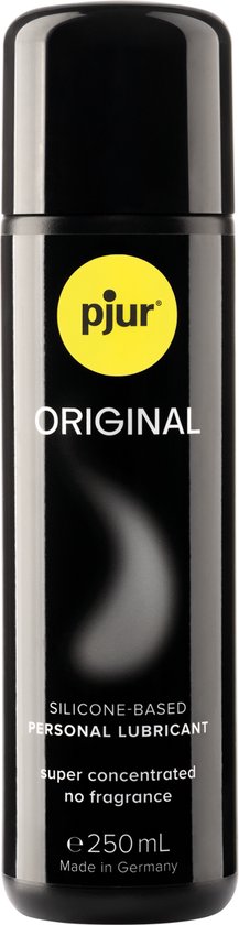 Zwarte fles pjur ORIGINAL, glijmiddel op siliconenbasis, super geconcentreerd, 250 ml, Made in Germany.