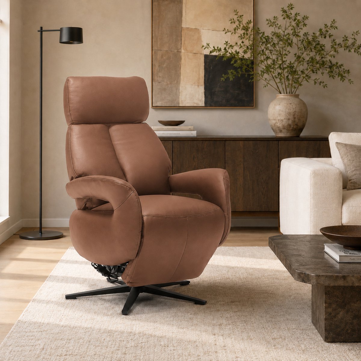 Relaxfauteuil Milo – Echt leer – Sta-op stoel - Elektrisch Verstelbaar – Met accu – 2 Motoren – 360° Draaibaar – Cognac