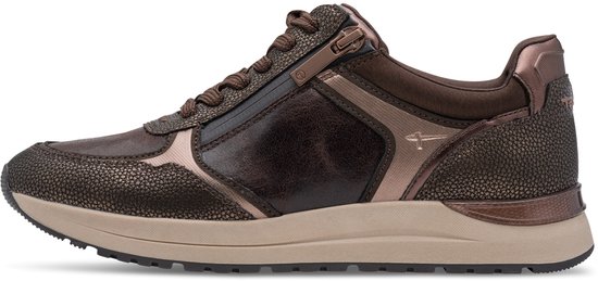 Bruine Tamaris sneaker met bronzen details en rits.