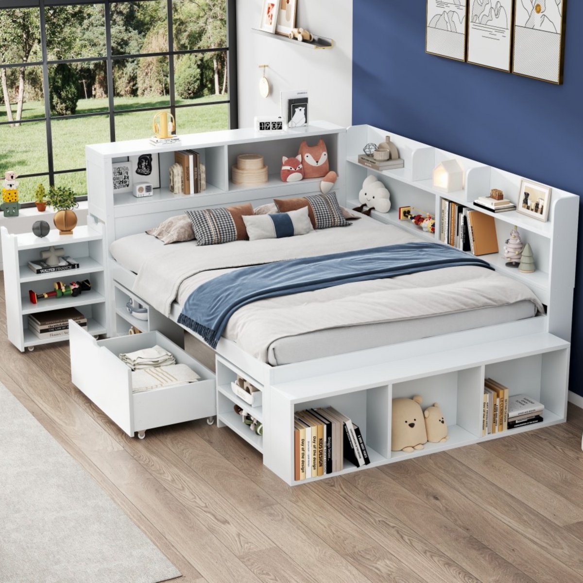 DESMIU Kinderbed 140x190 cm - Multifunctioneel Bed Met Opbergruimte en Lades - Lattenbodem voor Kinderkamer en Studiehoek - Multiplex - Wit - Zonder Matras