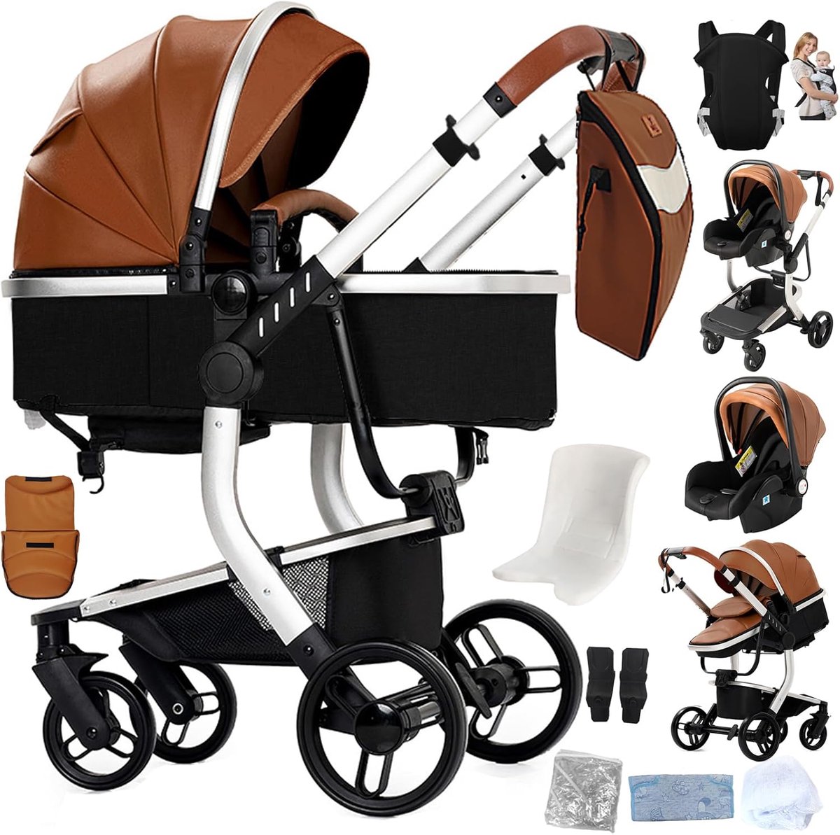 3-in-1 Kinderwagen - Reiswieg Pram - Comfortabel Reizen - Omkeerbare Zitrichting - 30x61x105 cm - Khaki