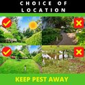 Vier foto's tonen geschikte en ongeschikte locaties voor de solar ongedierteverjager. Groene vinkjes geven geschikte plekken aan, rode kruisjes ongeschikte.