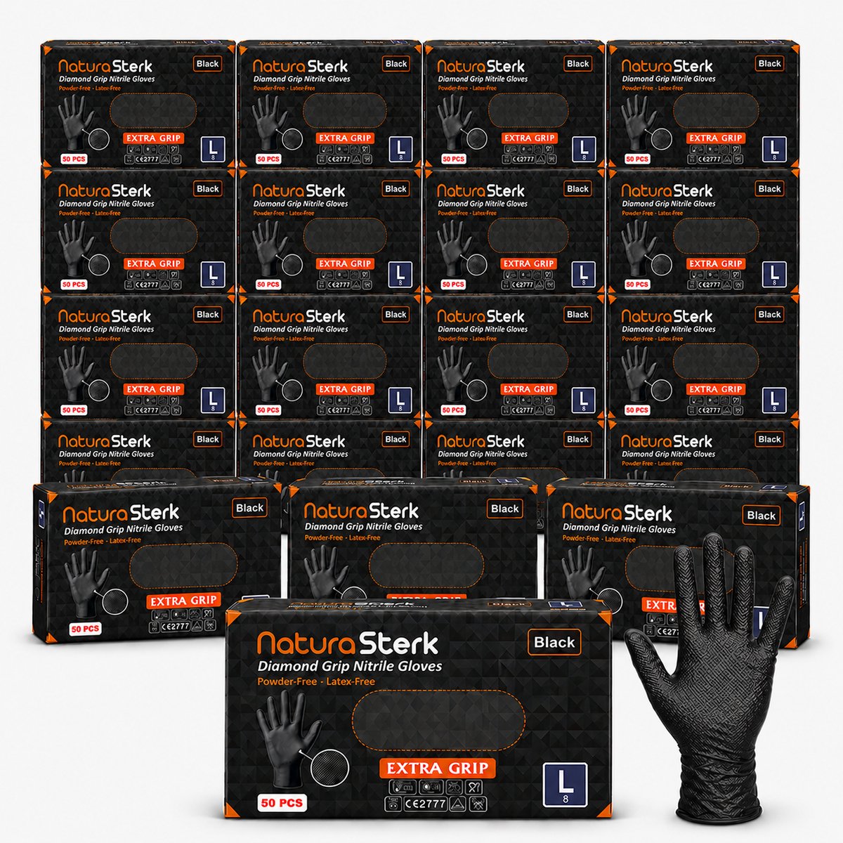 NaturaSterk Diamond Grip Nitril Handschoenen Zwart L/8 – 8 Gram – Extra Grip – Poedervrij & Latexvrij – 20 Dozen – 1000 Stuks