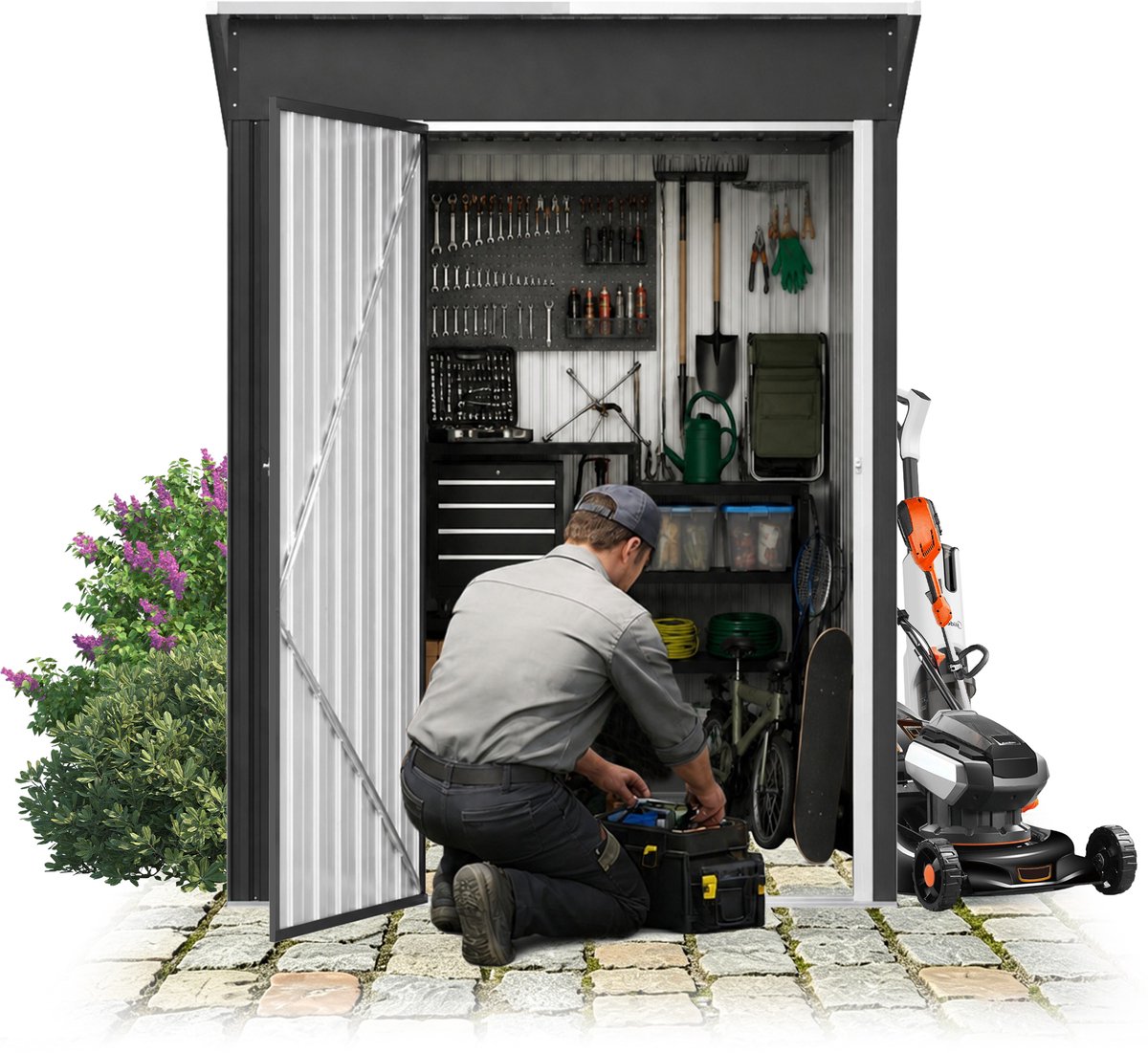 ACXIN Metalen Tuinhuis - Weerbestendige Gereedschapsschuur - Schuin Dak & Ventilatie - Afsluitbare Tuinopslag - 150x91x185 cm - Zwart