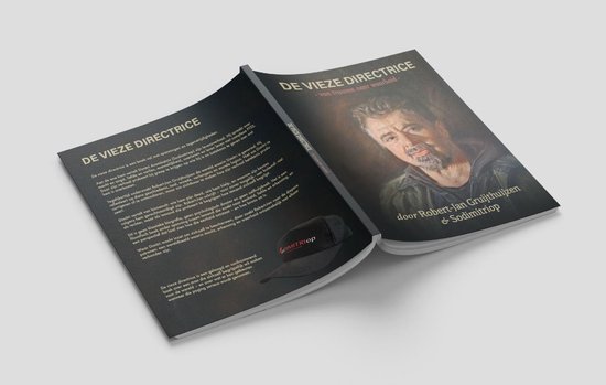 Boek met portret van man en pet. Tekst: DE VIEZE DIRECTRICE - van trauma naar waarheid - door Robert-Jan Gruijthuijzen & Sodimitriop.
