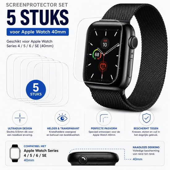 BukkitBow - Screenprotector voor Apple Watch Series 4/5/6/SE 40mm - Screen Cover Protector – Ultradunne Screenprotector - Beschermglas voor iWatch – Soft Film Scherm Bescherming - Apple Watch Screen Protector – Set van 5 Stuks