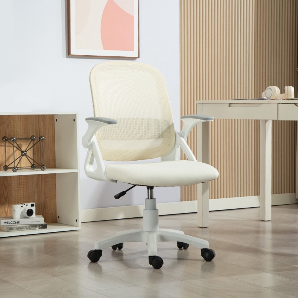 Ergonomische-Bureaustoel-Mesh-Verstelbare-Hoogte-Opklapbare-Armleuningen-360°-Draaistoel-Ademende-Office-Chair-Wit-Comfortabele-Thuiswerk-Stoel – foto 3