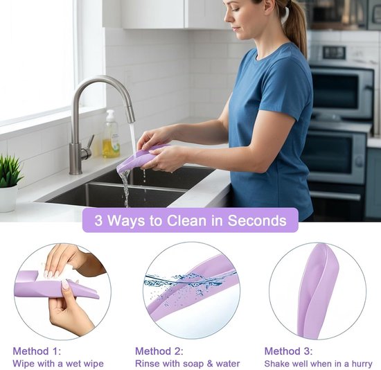 Stappenplan voor reiniging: afvegen, afspoelen met water of afschudden.