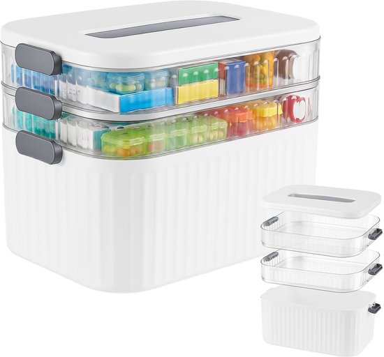 Medicijndoos Met 3 Organisatielagen Grote Capaciteit – Huisapotheek Opbergbox Met Transparante Uitneembare Lagen, Voor Noodgebruik, Dagelijks Medicijnen en Voorraadartikelen, Draagbaar Met Handvat voor Thuis en Reizen