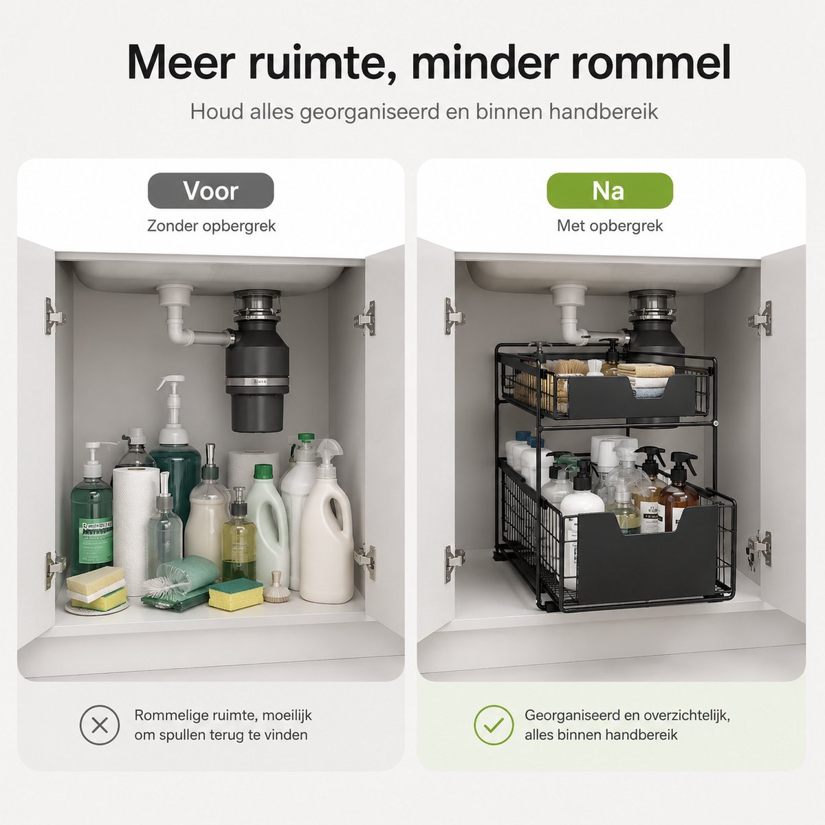 BOTC Gootsteenkast Organizer - Keukenkast Organizer - Aanrecht Organizer - Dubbel Uitschuifbaar - Aanrecht - Lade - Zwart — cadeau in Cadeau-ideeën - foto 6