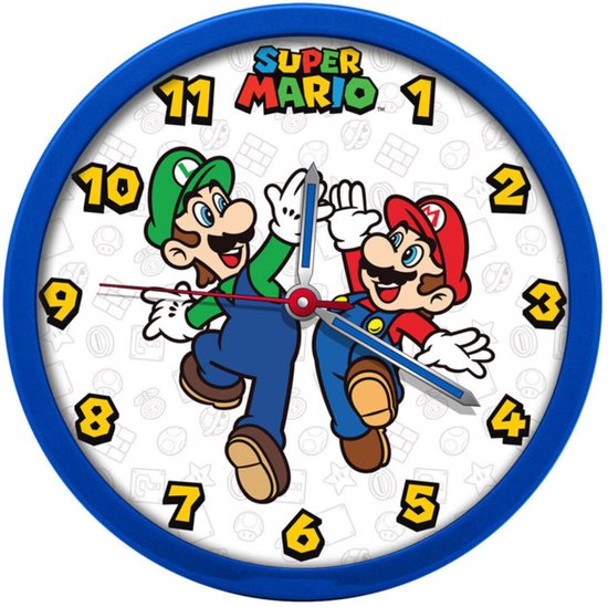 Blauwe wandklok met Mario en Luigi, Super Mario logo
