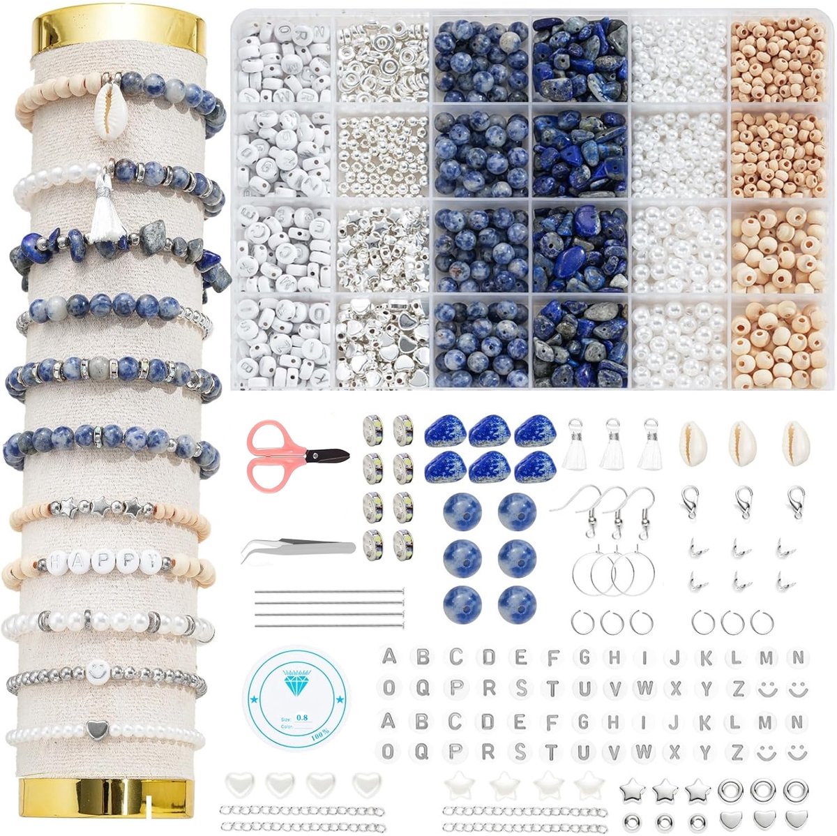 Meedeer Kralenset–Armbanden maken–Natuurstenen voor armbanden–Edelsteenkralen met gat–5-10 mm stenen kralen voor doe-het-zelf sieraden, oorbellen, knutselen（Blauw）