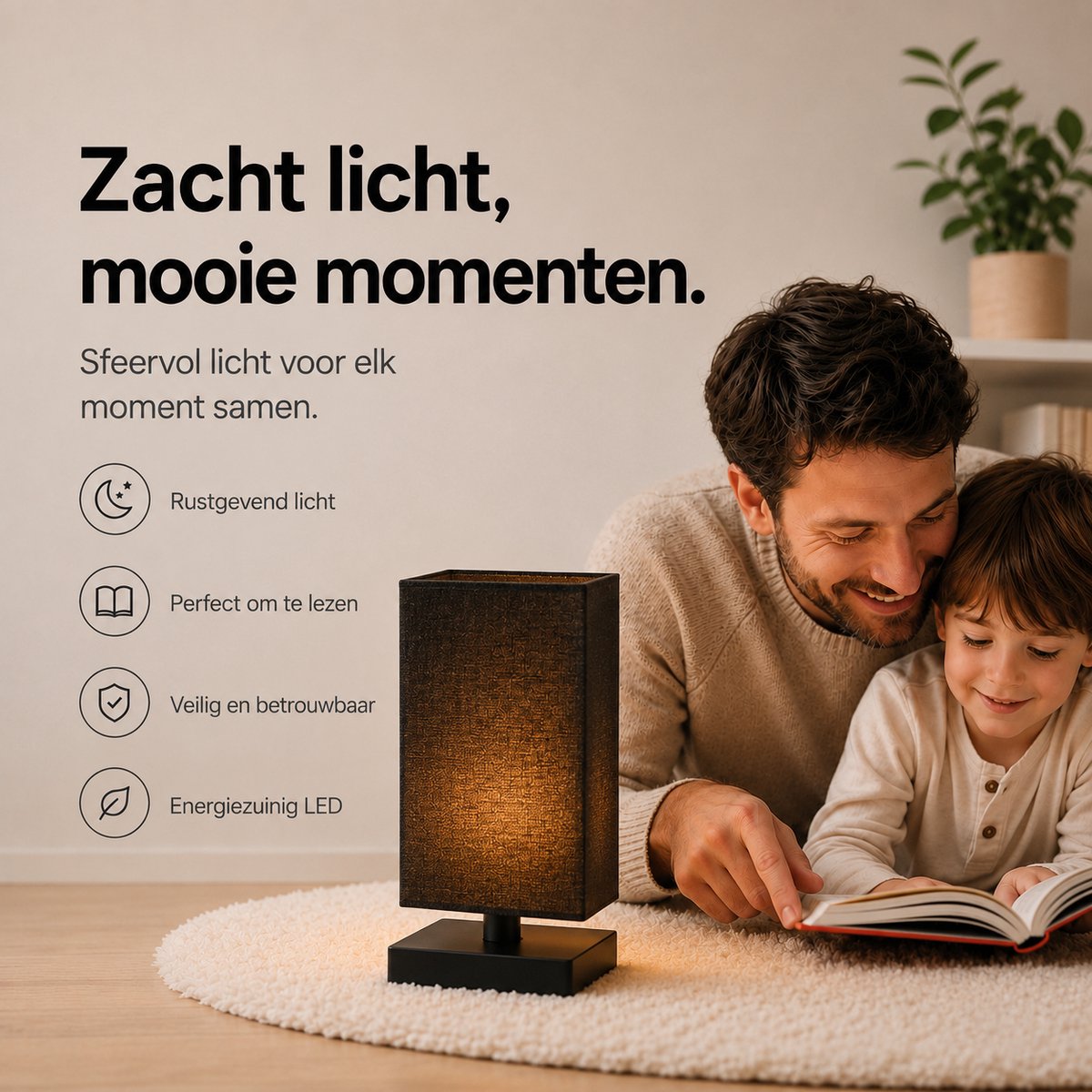 Sounix Tafellamp voor Nachtkastje - 3 Lichtkleuren 3000K/4000K/6000K - Inclusief E27 LED Lamp - Vierkante Stoffen Lampenkap - Zwart thumbnail 5