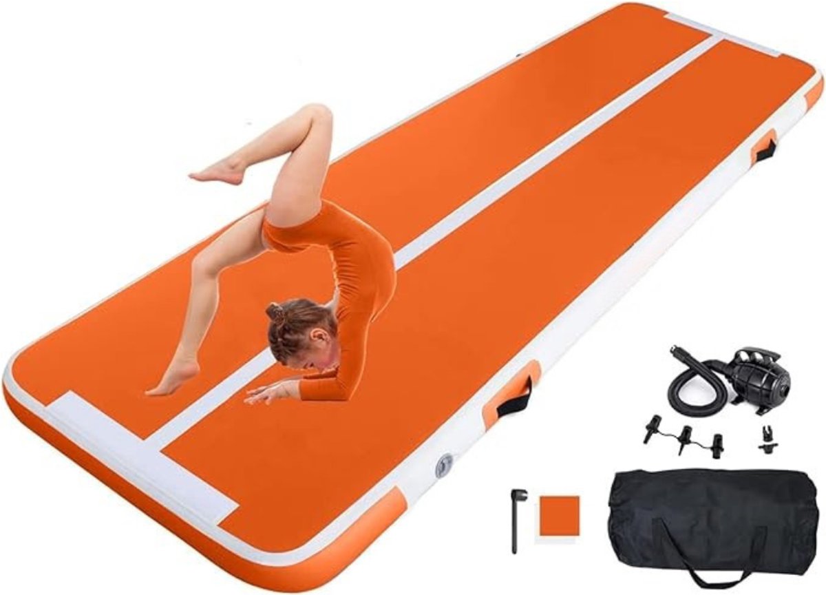 Gymnastics Mat - Turnmat - Opblaasbare Turnmat - Dikte 10 CM - Voor Thuis - Training - Tumbling - Yoga - Buiten - Fitness - Oranje - 300 x 100 CM