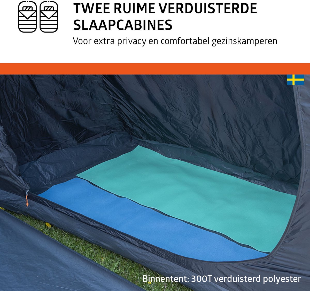 Campout 4-Persoons Vis-à-Vis Koepeltent – 2 Slaapcabines – 5000 mm Waterdicht – Leefruimte – 15 min Opzettijd – Incl. Luifelstokken & Draagtas – foto 3
