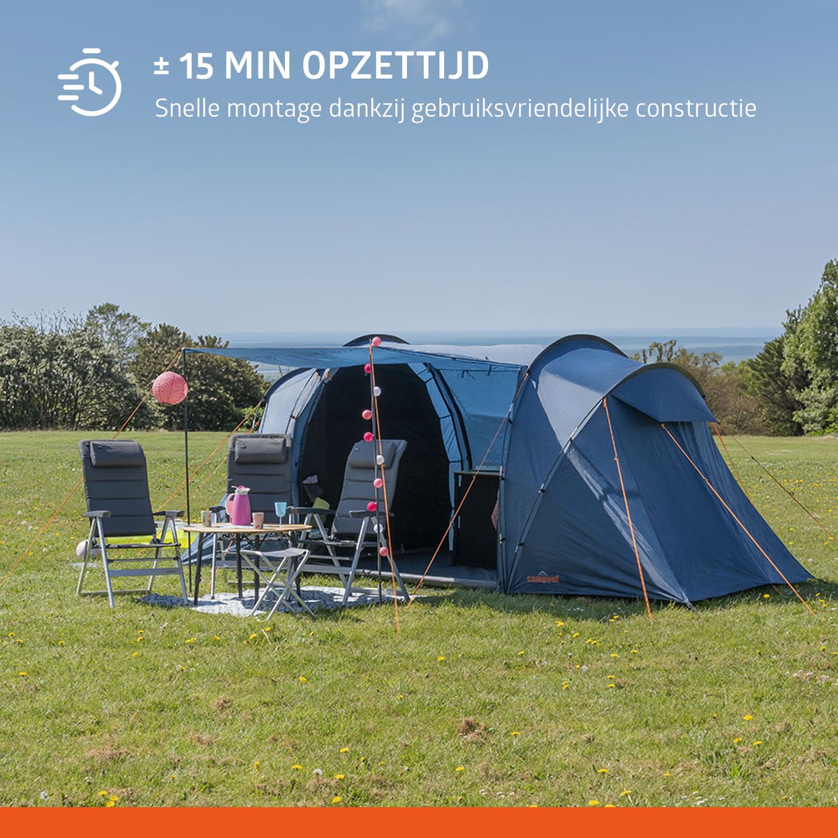 Campout 4-Persoons Vis-à-Vis Koepeltent – 2 Slaapcabines – 5000 mm Waterdicht – Leefruimte – 15 min Opzettijd – Incl. Luifelstokken & Draagtas – foto 4