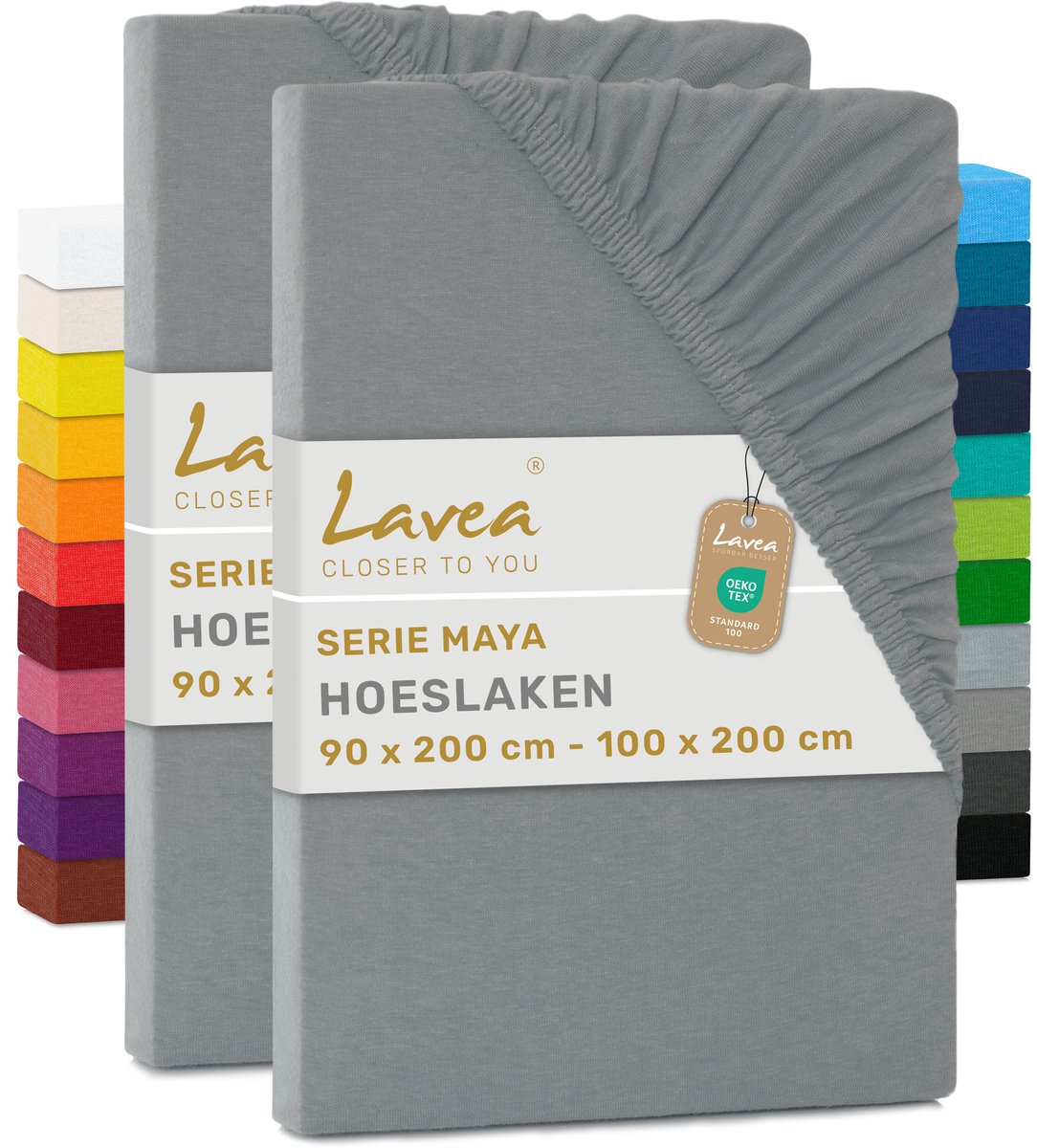 Lavea® Set van 2 Hoeslakens 90x200cm - 100x200cm – 100% Zacht en Ademend Katoen – voor Dikke Matrassen tot 20 cm – Jersey met Elastiek rondom – Middengrijs
