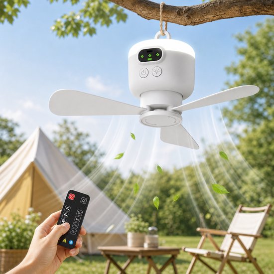 MUPOO Draadloze Plafondventilator camper met LED lamp & Afstandsbediening - 8000mAh Oplaadbaar - 4 Snelheden -Timer -Stille Motor & Afneembare Bladen - Ø27cm - Voor Camping, Tent, Caravan, Slaapkamer, Tuin, RV & Overkapping