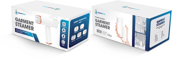Verpakking met een witte Cleanforce kledingstomer met koperkleurige details en de tekst 'GARMENT STEAMER'.