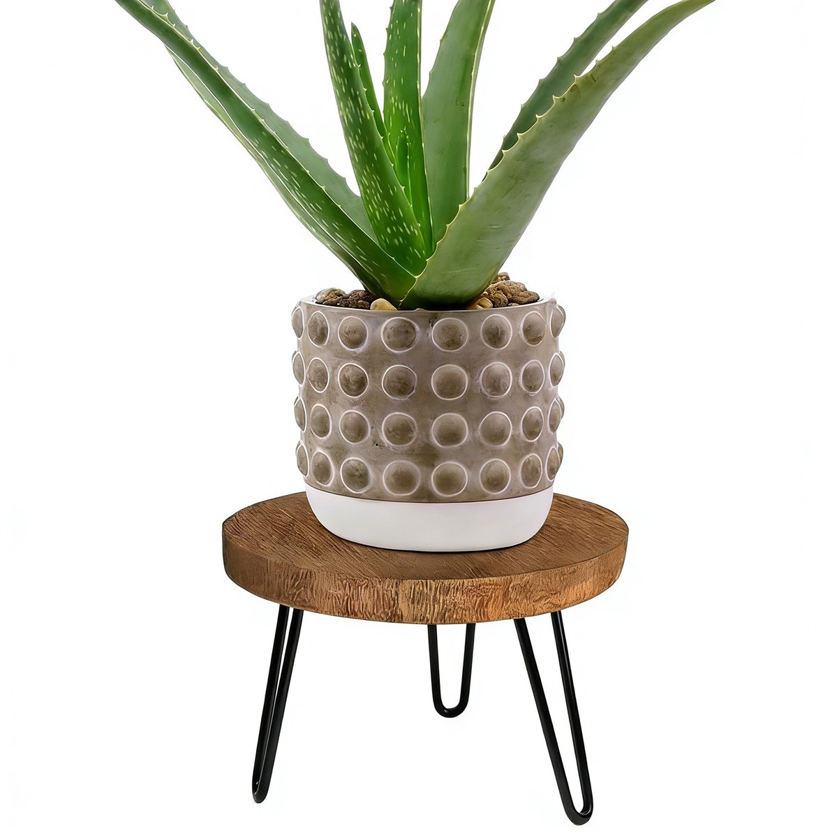 Lemonbest Plantenstandaard Rond 25,4 x 17,8 cm - Houtlook Bloemenstandaard met Metalen Poten - Plantenkruk voor Binnen en Buiten - Bruin Zwart