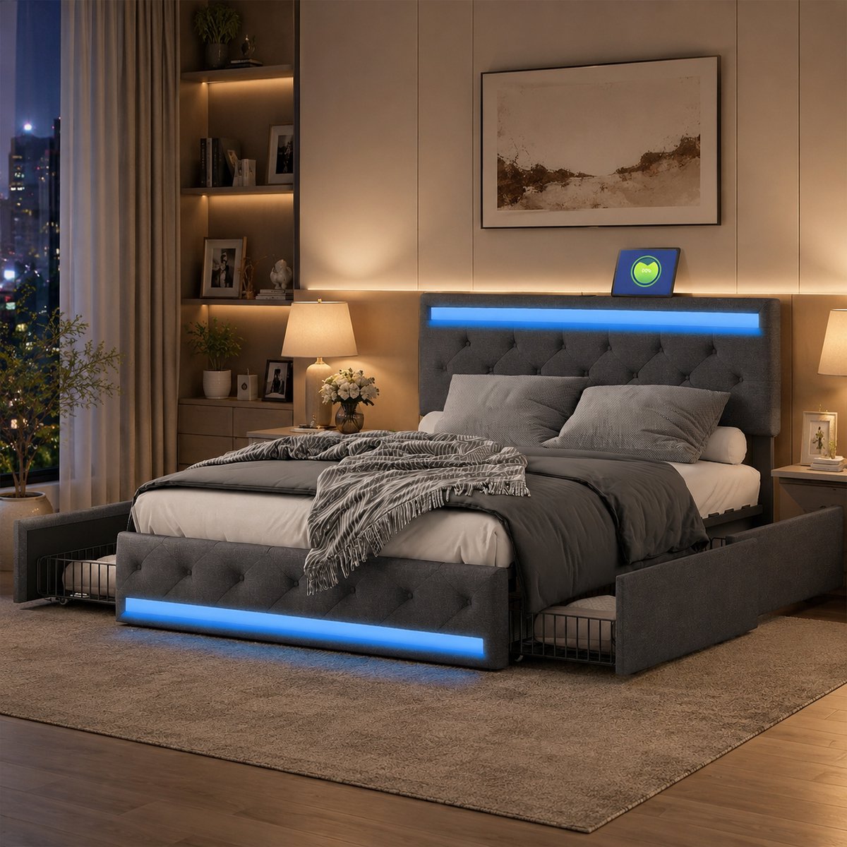 MEXUS Opbergbed 140x190 cm met lattenbodem en 4 opberglades, tweepersoonsbed met led- en usb-aansluiting, verstelbaar gewatteerd hoofdbord, bedframe 140x190, linnen, donkergrijs