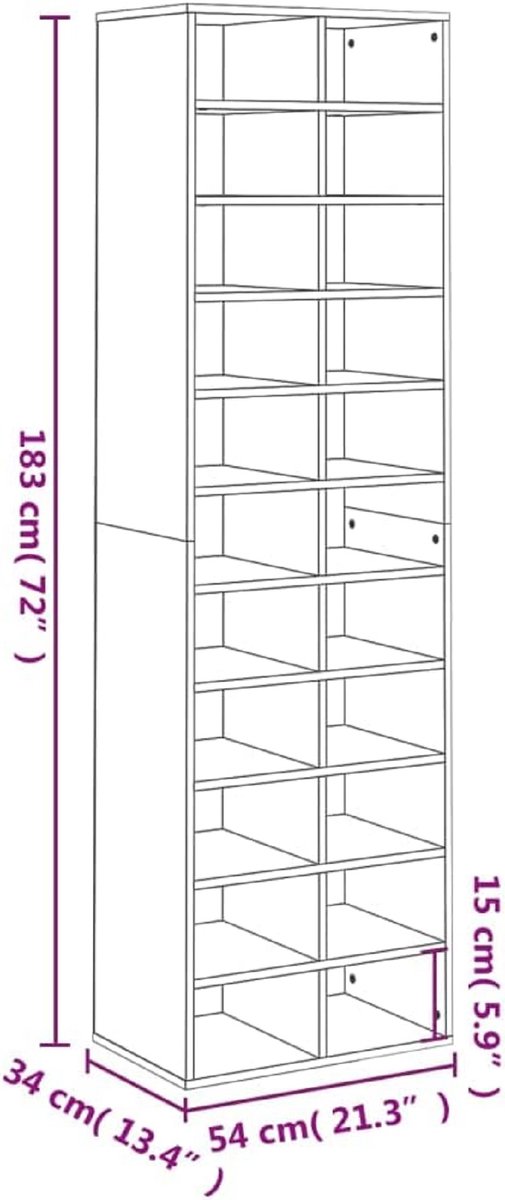 Schoenenkast met 22 Vakken - Hoge Schoenenkast Artisan Eiken - Smal Schoenenrek voor Hal en Slaapkamer - Schoenenopbergkast Staand - Opbergkast Houtlook - 54 x 34 x 183 cm - House&Garden Oslo