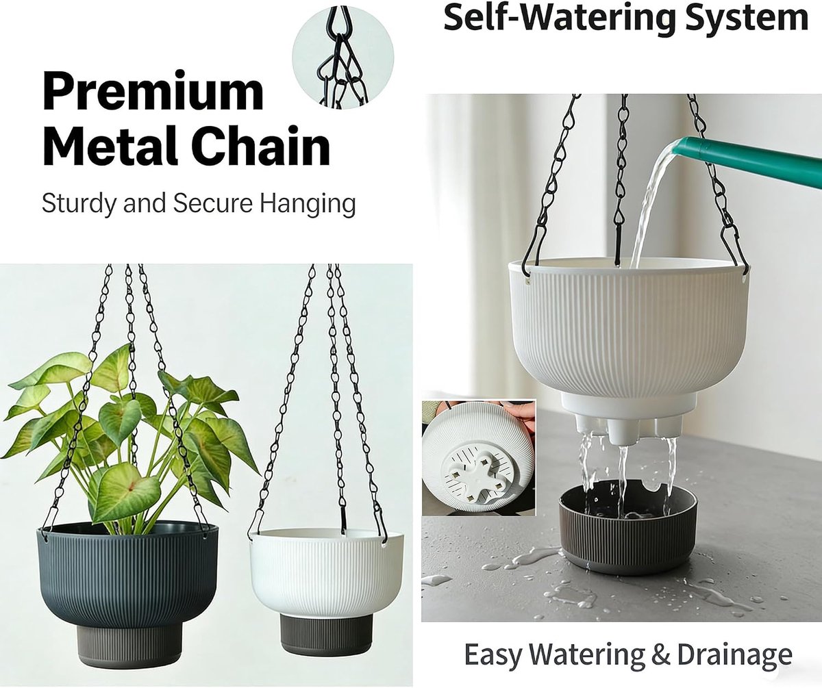 Hangende Zelfwaterende Bloempotten voor Buiten en Binnen - Groene Kunststof Plantenbakken met Watervoorraad - Set van 2 Stuks - 19 cm - 16cm Ideaal voor Tuin en Balkon — cadeau in Wonen & Interieur - foto 6