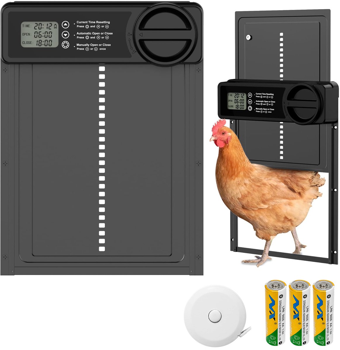Automatische kippenhokdeur - Op batterijen werkende elektrische kippenhokdeur - Met slimme timer, knijpbescherming, LCD-display en batterijwaarschuwing - Geschikt voor kippen, eenden en ganzen