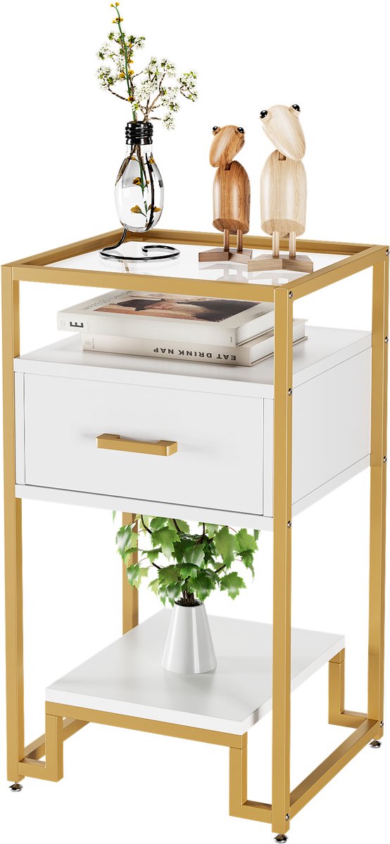 Nachtkastje 3-Laags Met Lade En Glazen Blad - 40x40x78 cm - Wit Bord met Gouden Lijst