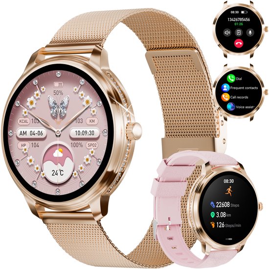 RAYOFI - Dames smartwatch - 1,19 inch sporthorloge - Ondersteunt bellen via Bluetooth, IP68 waterbestendigheid, hartslagmeting en zuurstofsaturatiemeting - Compatibel met meer dan 120 sportmodi - Beschikbaar voor Android en iOS - Roségoud