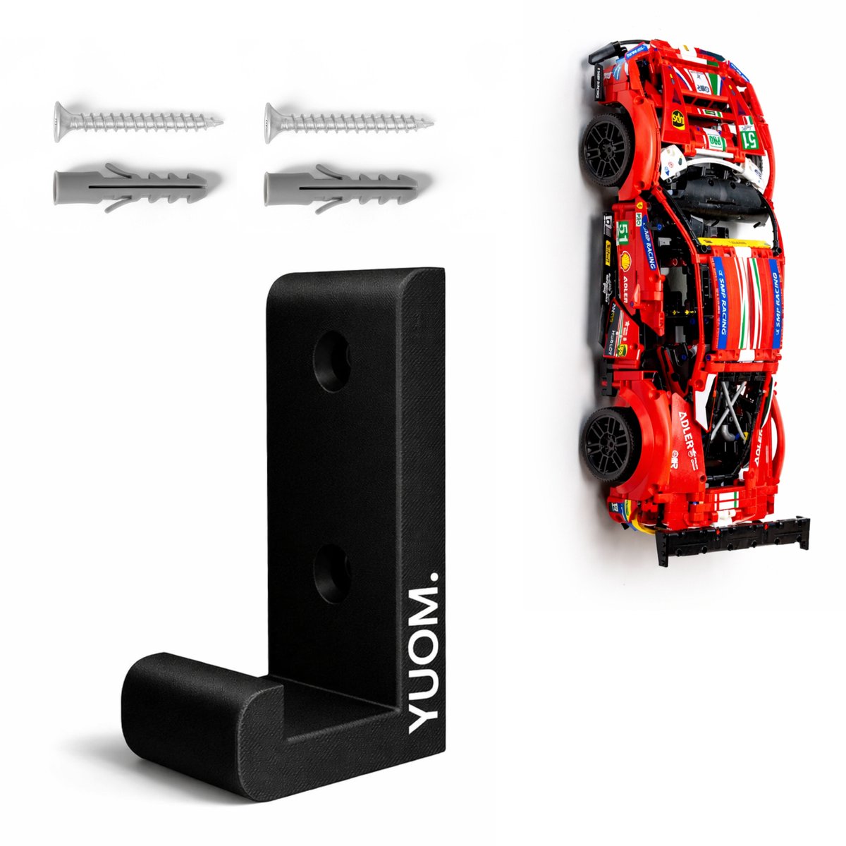 YUOM. Muurbeugel geschikt voor LEGO Technic Auto 42125 Ferrari 488 GTE – Wandhouder – Incl. Schroeven & Pluggen – ZwartCar Wall Mount - Ferrari 488 GTE - Lego Houder Auto Modellen - Lego Ferri GTE - Zwart