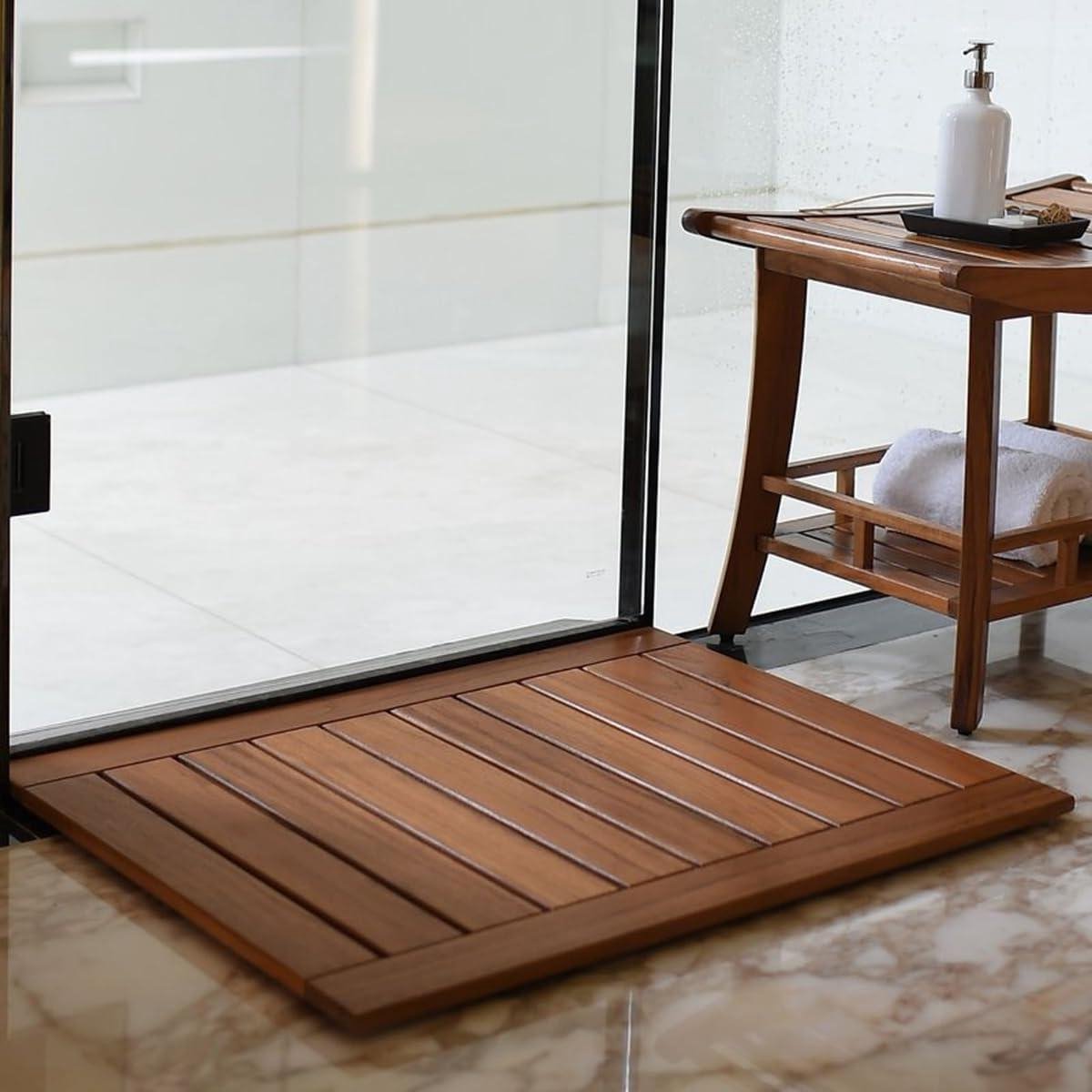 Douchemat Teakhout - Badmat Voetmat - Badkamer Luxe - Massief Gelakt Hout - 76 x 61 cm - Houtkleur