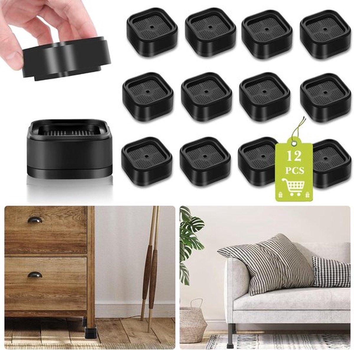 12-stuks meubelverhogers - Verstelbare bedverhogers voor zwaar gebruik - voor tafel, bureau, bank, stoel, bankkast, bedpoten, slaapzaal - Zwart