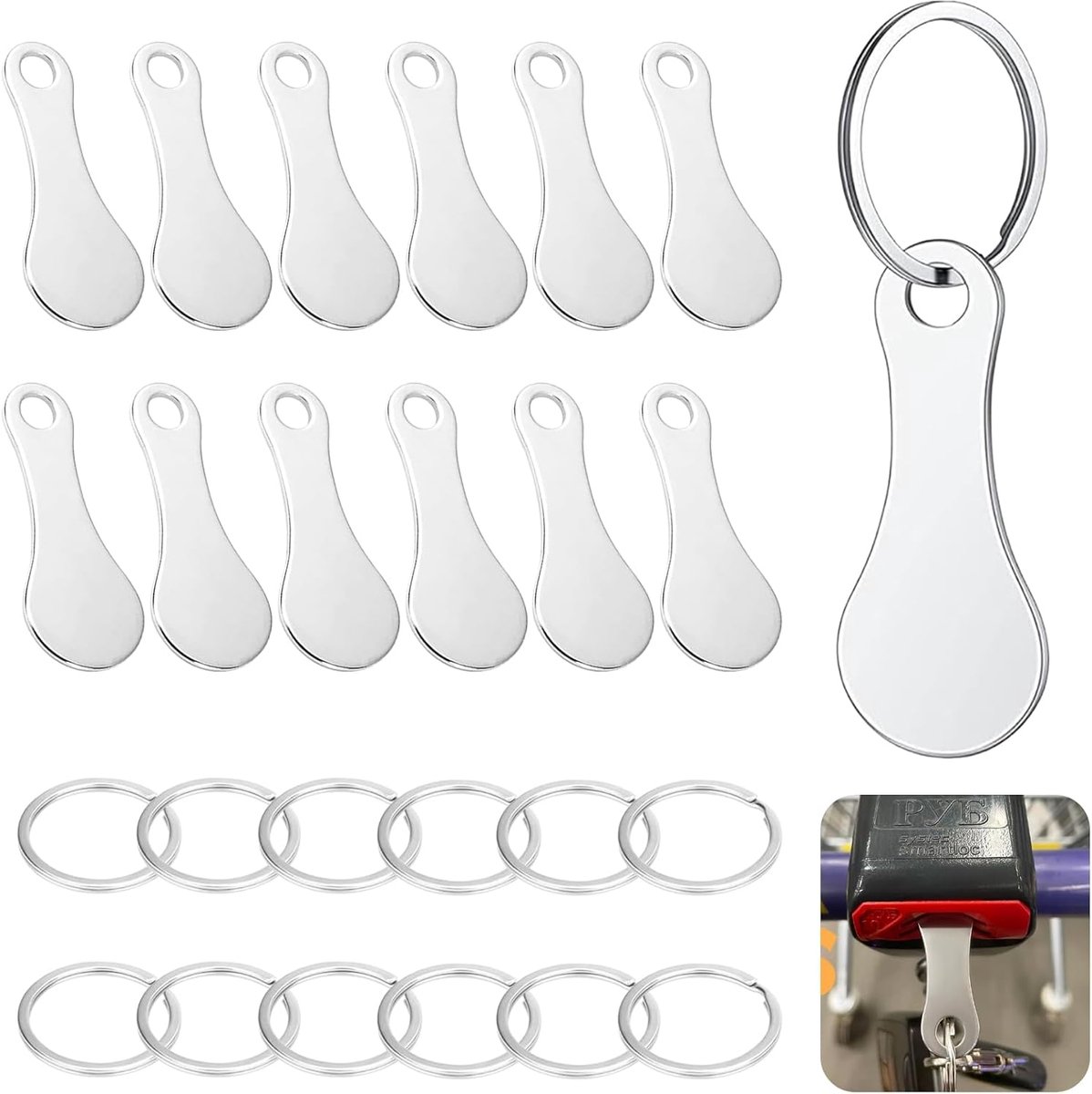12pcs Metalen Winkelwagentje Ontgrendelaars - Afneembare Winkelwagentje Chip - Zilveren Winkelwagentje Munt Sleutelhanger met 12 Sleutelhangers - Ronde Winkelwagentje Chips voor Het Openen van Trolley
