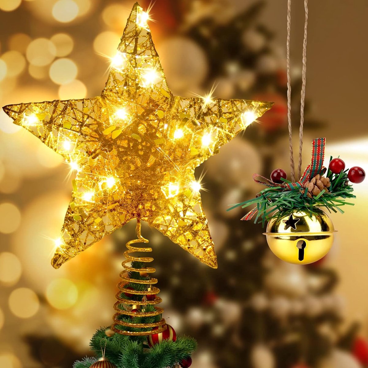 Kerstboomster 30 cm - Kerstboomtopper met 20 LED-lampen - Ster met bel voor kerstboomdecoratie