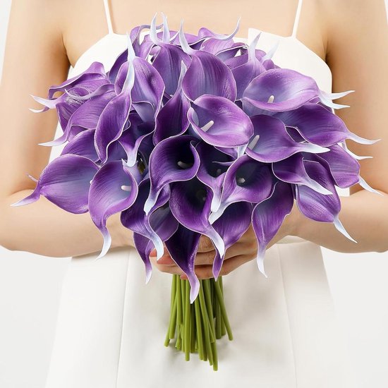 Nepbloemen Calla Lelies - Kunstbloemen Zijde - Woondecoratie Bruiloft - Zacht PU Materiaal - 35 cm Hoogte - Paars
