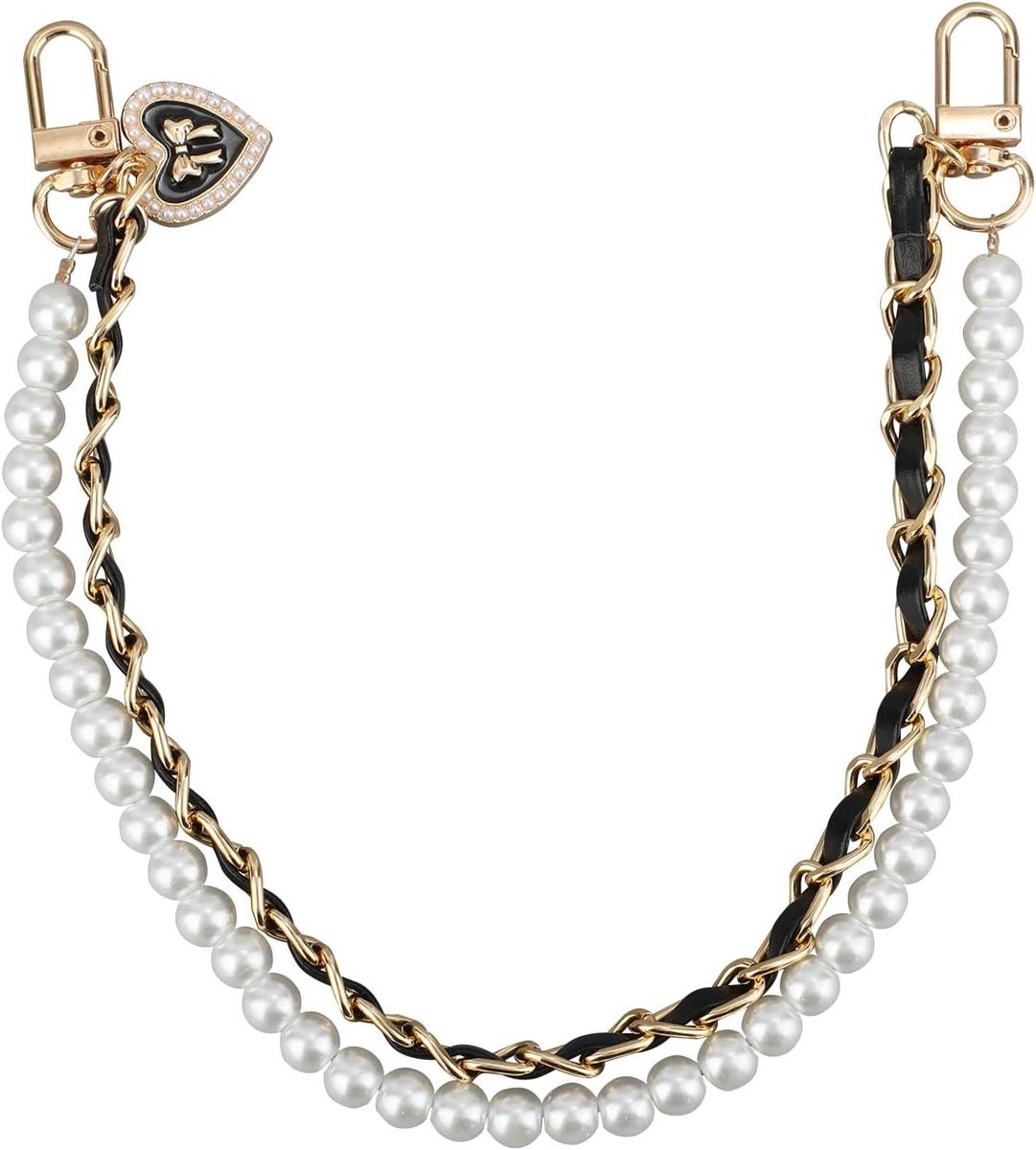 Handbag Kettingband - Schouderband Vervanging - Tas Personaliseren - Parel en Leer Combinatie - 36 cm - Zwart