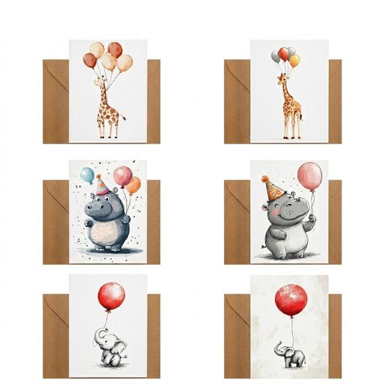 Set de 6 cartes avec des illustrations de girafes, d'hippopotames et d'éléphants avec des ballons.