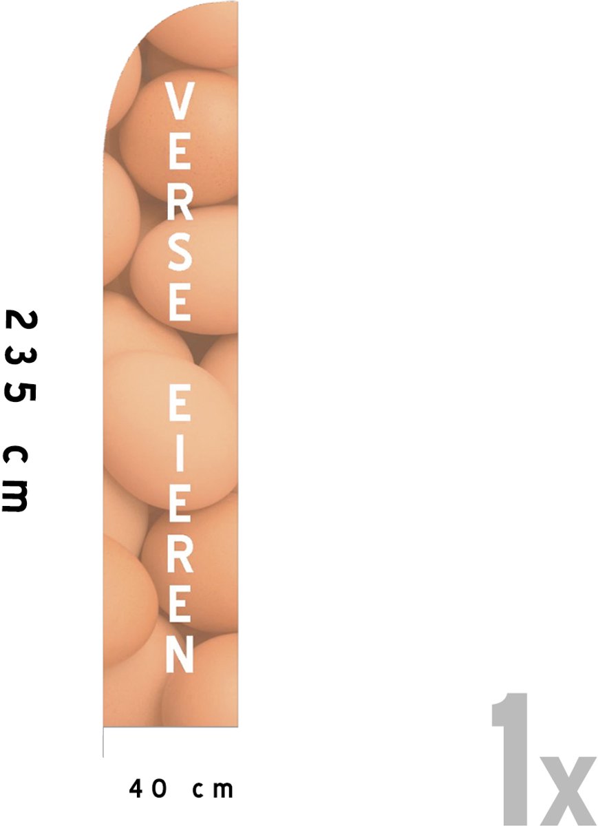 Beachflag/ vlag | "Verse eieren" | 40 x 235 cm | Eitjes te koop | Met stok en opbergtas | Kippen | Straat marketing | Verkopen | Opvallend | 1 stuk