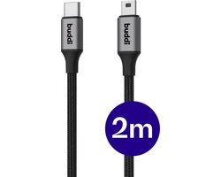Buddi Flex USB-C naar Mini-USB Kabel - 12W Fast Charge - Lange Kabel - 2 Meter - Kabel voor Playstation 2 en 3 Controller - Voor o.a. Grafische Rekenmachines, GPS, Dashcam, MP3/MP4, Recorders - Zwart