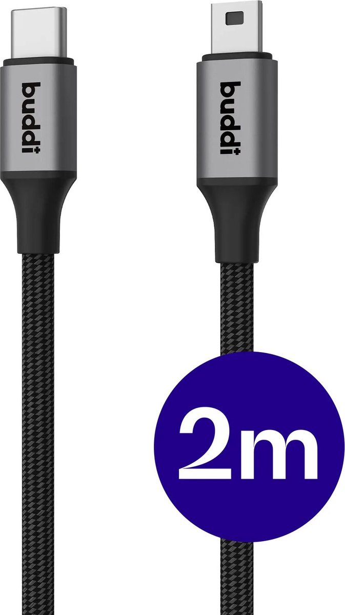 Buddi Flex USB-C naar Mini-USB Kabel - 12W Fast Charge - Lange Kabel - 2 Meter - Kabel voor Playstation 2 en 3 Controller - Voor o.a. Grafische Rekenmachines, GPS, Dashcam, MP3/MP4, Recorders - Zwart