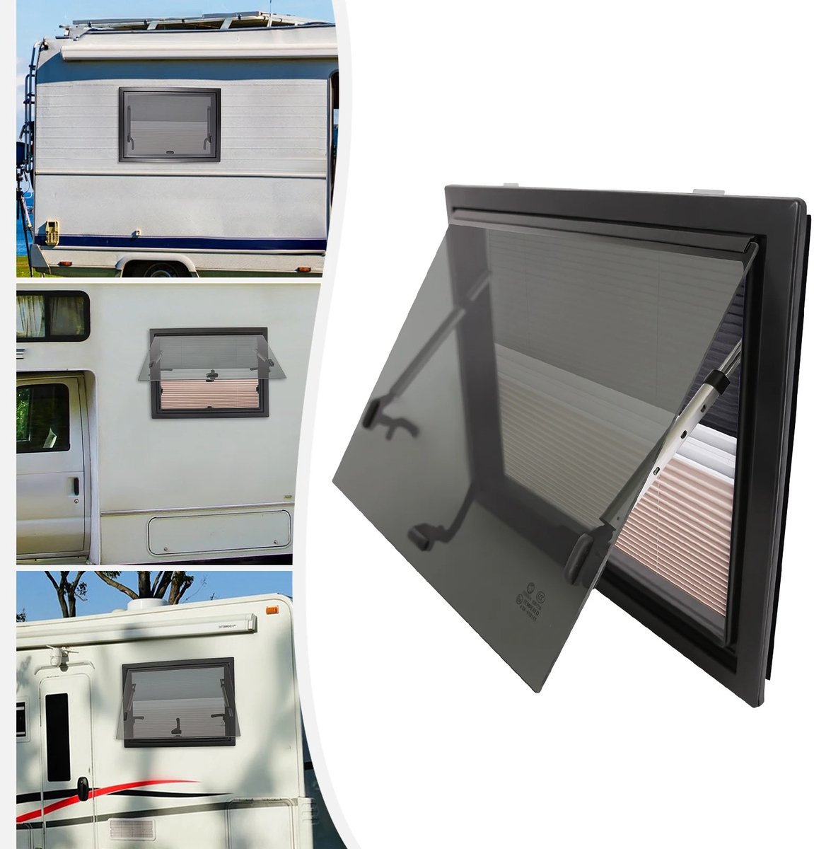 Lifero Caravan Raam - Uitzet Raam voor RV, Caravan en Camper - Push Out - Zwart Gehard Glas - Openingshoek tot 65° - Universeel
