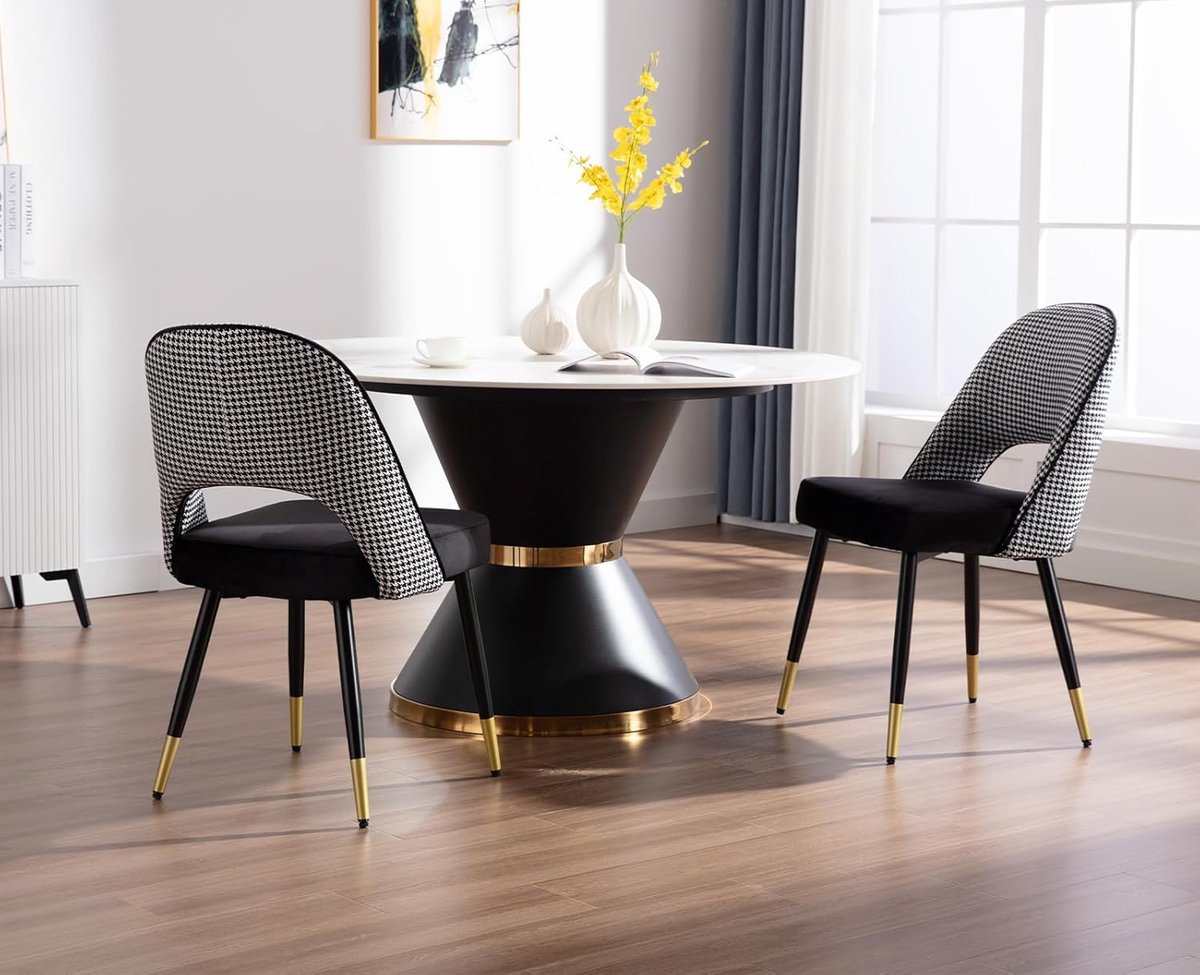 Luxe Fluwelen Eetkamerstoelen Set van 2 met Holle Rugleuning en Metalen Poten – 58x50x86 cm – Zwart – Moderne Comfort Stoelen voor Woonkamer, Keuken en Kantoor