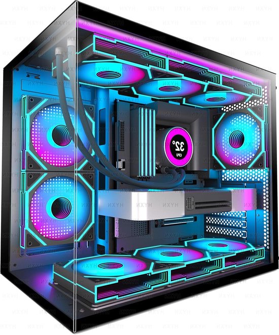 Zwarte ATX PC behuizing met glazen zijkanten, gevuld met RGB verlichte componenten en 6x ARGB ventilatoren. CPU toont 35 graden.