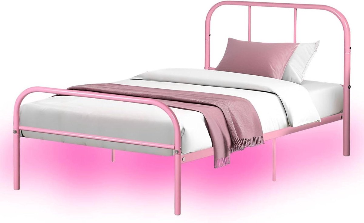 Metalen Bedframe - Eenpersoonsbed Logeerbed - Moderne Slaapkamer - Met LED Verlichting - 90 x 190 cm - Roze