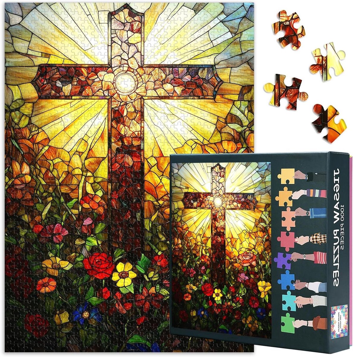 Glazen Puzzel - Legpuzzel Kunstwerk - Ontspanning Thuis - Christelijk Kruis Thema - 50x70 cm - Multicolor