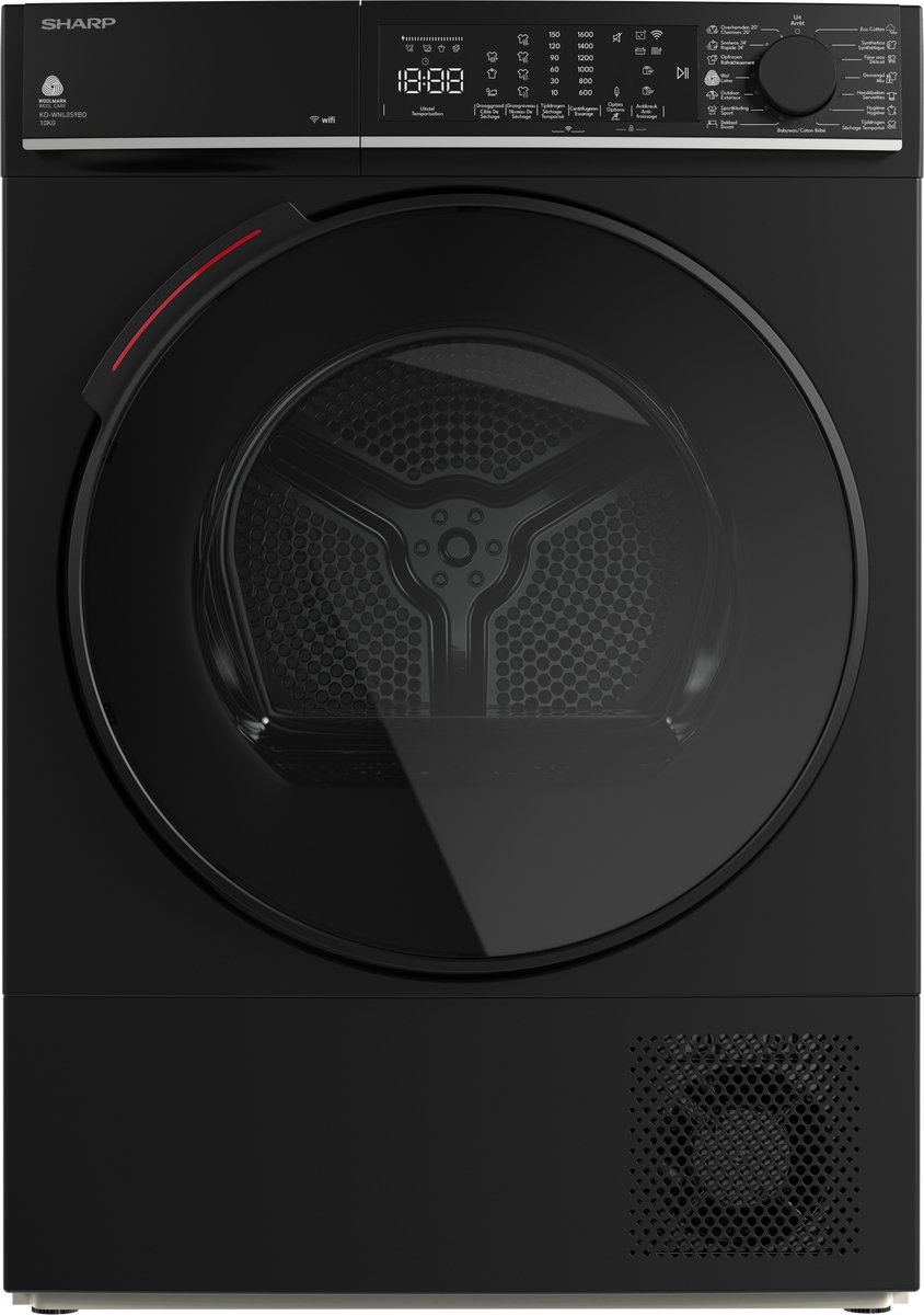 Sharp warmtepomp droger - 10KG - energie label D - 15 programma's - WIFI - LED trommelverlichting - white LED display - mat zwart