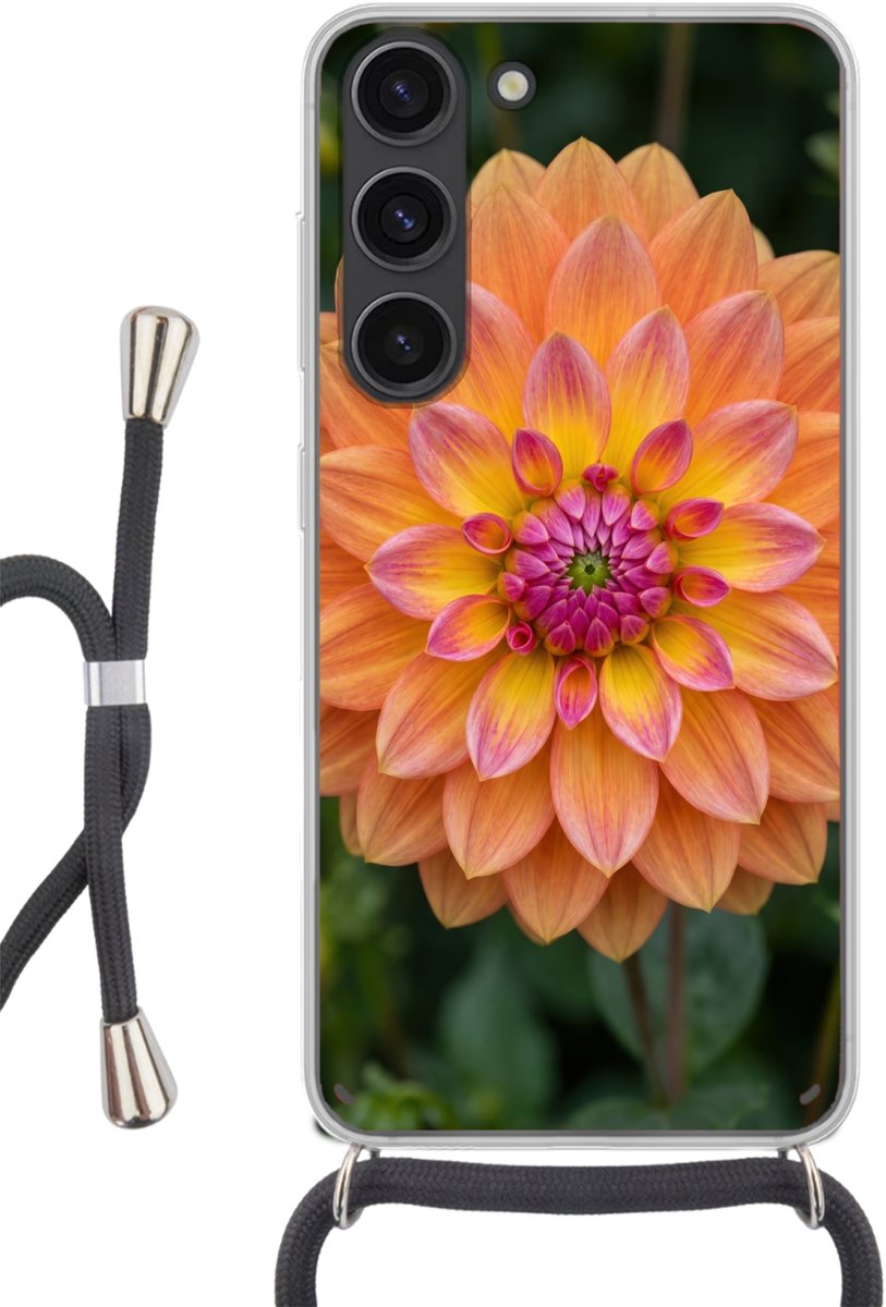 Telefoonhoesje Geschikt voor Samsung Galaxy S23 - Dahlia - Bloem - Oranje - Siliconen - Crossbody - Backcover met Koord - Telefoonhoesje met koord - Hoesje met touw Telefoonhoesje