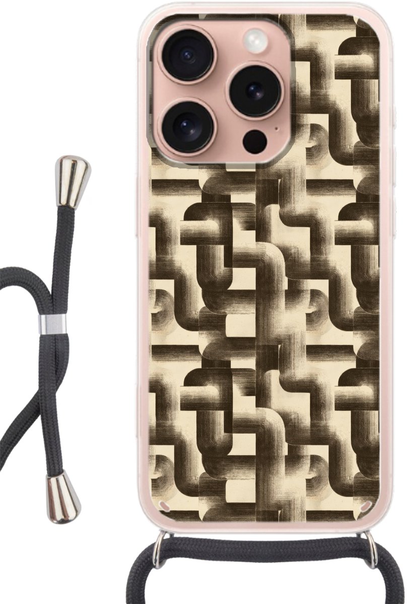 Telefoonhoesje Geschikt voor iPhone 16 Pro - Abstract - Retro - Zwart - Siliconen - Crossbody - Backcover met Koord - Telefoonhoesje met koord - Hoesje met touw Telefoonhoesje